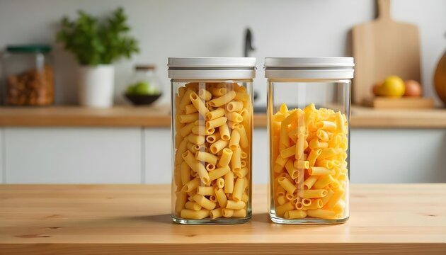 Organization of storage in the kitchen. Pasta in glass container on a kitchen table. Zero waste storage.