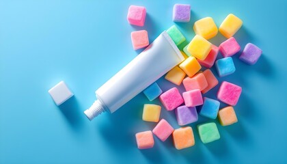 top view of toothpaste tube with chewing colorful candy isolated on blue with copy space