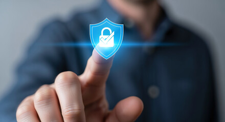 Businessman touching on virtual screen key lock for secure access, multi factor authentication, digital lock icon, cyber security interface. Showcases modern technology for access authentication