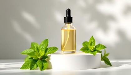 Mock up glass dropper bottle on a white podium on a white background, with mint leaves. Cosmetic serum product on a white background. vertical with mint leaves