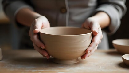 Close up of female hands examining ceramic bowl at workshop