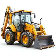 Yellow backhoe loader construction equipment isolated on white background