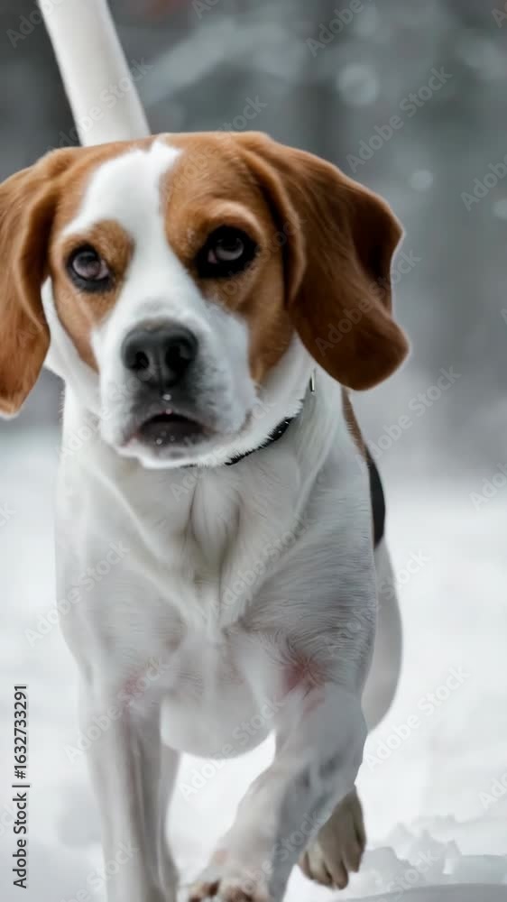 Aufkleber beagle in snow with ears flapping, head tilted, looking at the camera with a curious expression.
