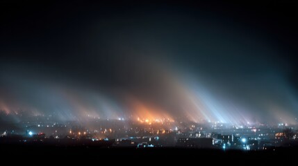 City lights at night, blurred view, fog, beams