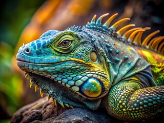 Fototapeta premium A closeup of a colorful iguana with detailed scales and vibrant colors in its natural habitat