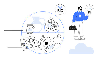 Man holding eco-friendly idea bulb, fresh organic vegetables, fruits, and eco-label. Ideal for sustainability, agriculture, innovation, eco-consumer bio-living food systems healthy eating. Simple