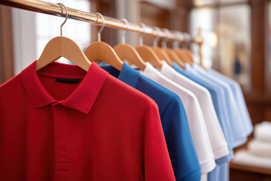 Vibrant polo shirts in red, blue, and white neatly displayed on wooden hangers along a brass clothing rack in a well-lit modern retail store interior