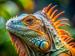 Fototapeta premium A vibrant closeup of an iguanas face, showcasing its colorful scales and intricate details in nature