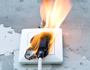 Electrical Socket on Fire Indicating Overheating and Safety Hazard