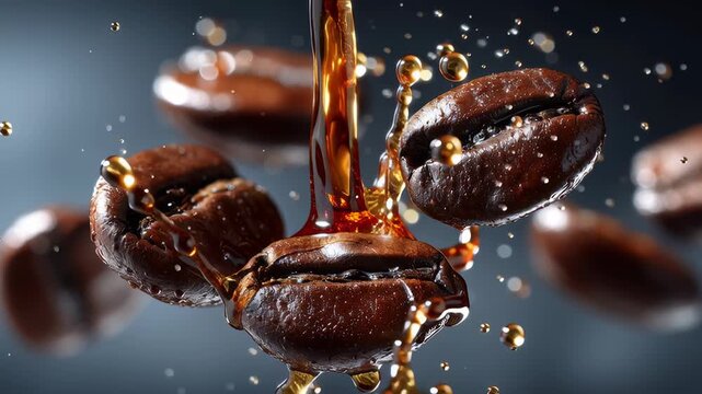Rich espresso pours over dark roasted coffee beans, creating a dynamic visual in a sleek dark setting. Concept of coffee, beverage industry, culinary art