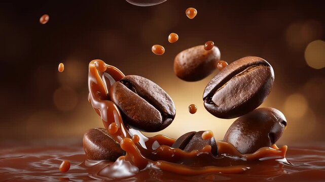 Coffee beans splash into warm caramel creating a captivating visual. Rich brown tones highlight the delicious elements. Concept of coffee shops, dessert cafes, beverage industry