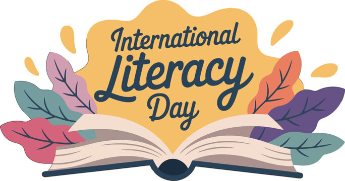 International Literacy Day celebration with open book and colorful leaves