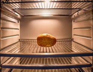 single raw potato placed on an otherwise empty refrigerator shelf with warm lighting highlighting isolation simplicity and subtle domestic humor
