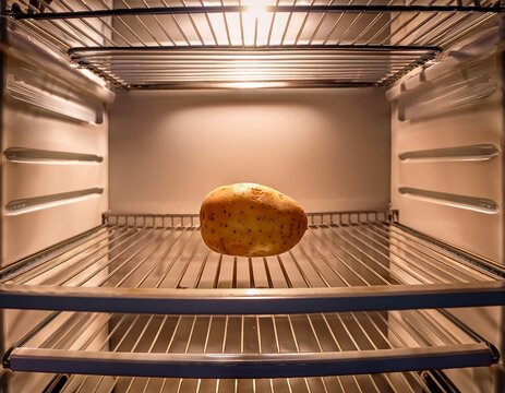 single raw potato placed on an otherwise empty refrigerator shelf with warm lighting highlighting isolation simplicity and subtle domestic humor