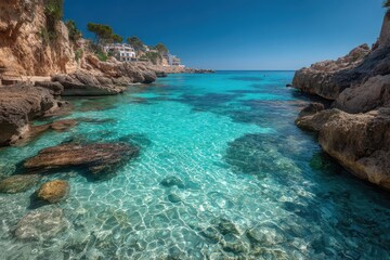 Fototapeta premium Turquoise waters on a sunny day in cala sa nau, majorca, spain
