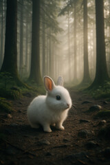 Adorable White Bunny in Misty Forest Path