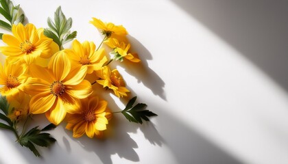 bright yellow flowers arrangement sunny mood white background with shadow play and copy space