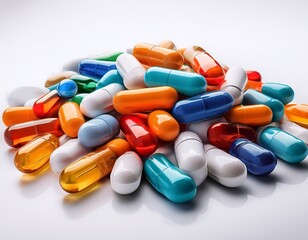large pile of multicolored capsules including blue green orange white and transparent pills on a clean white background isolated vertical format