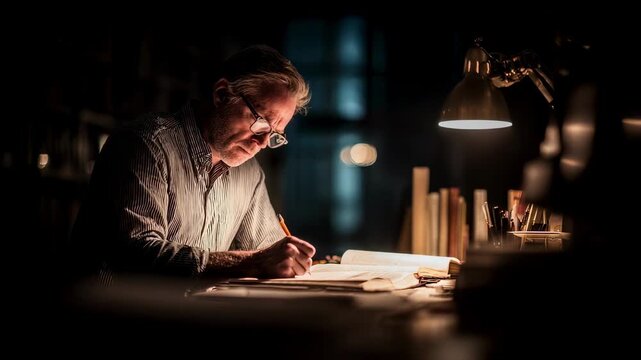 Editor proofreading a novel manuscript late at night under warm desk lighting highlighting concentration and attention to detail in publishing.