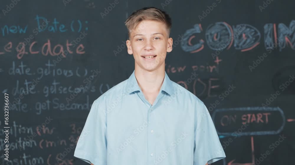 Poster smiling teenager looking at camera while standing at blackboard with engineering code or prompt writ