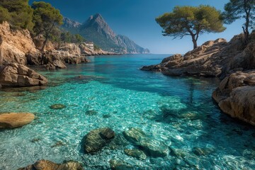 Fototapeta premium Turquoise waters on a sunny day in cala sa nau, majorca, spain