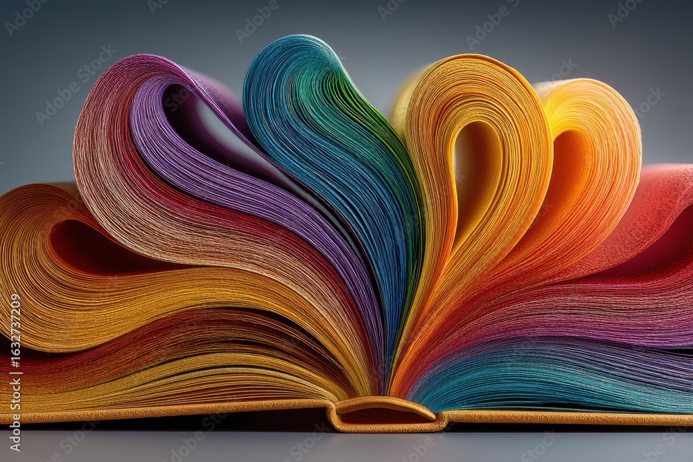 Poster open book displays pages of varying colors arranged in cascading layers