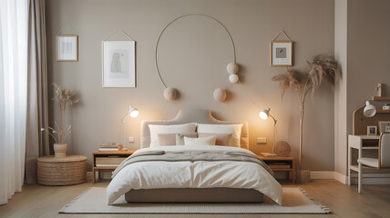 Cozy bedroom with neutral tones and warm lighting.
