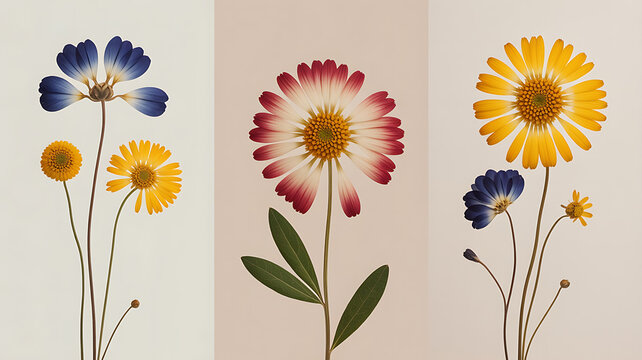 Dried flowers in vibrant colors, arranged vertically.
