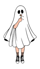 A child in a ghost costume with flower