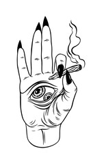 a witch's hand with an all-seeing eye holds a cigarette butt