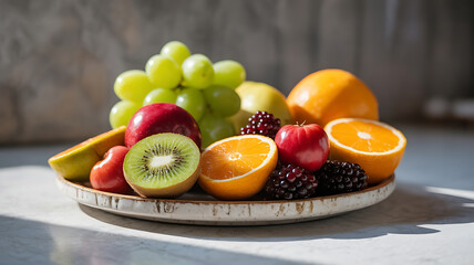 Assorted fruits on a plate, vibrant colors.
