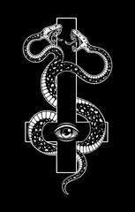 A two-headed snake wraps around an inverted cross