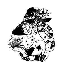 Beautiful witch holding human skull in hands