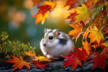 Charming hamster nestled among vibrant autumn leaves in a cozy woodland setting