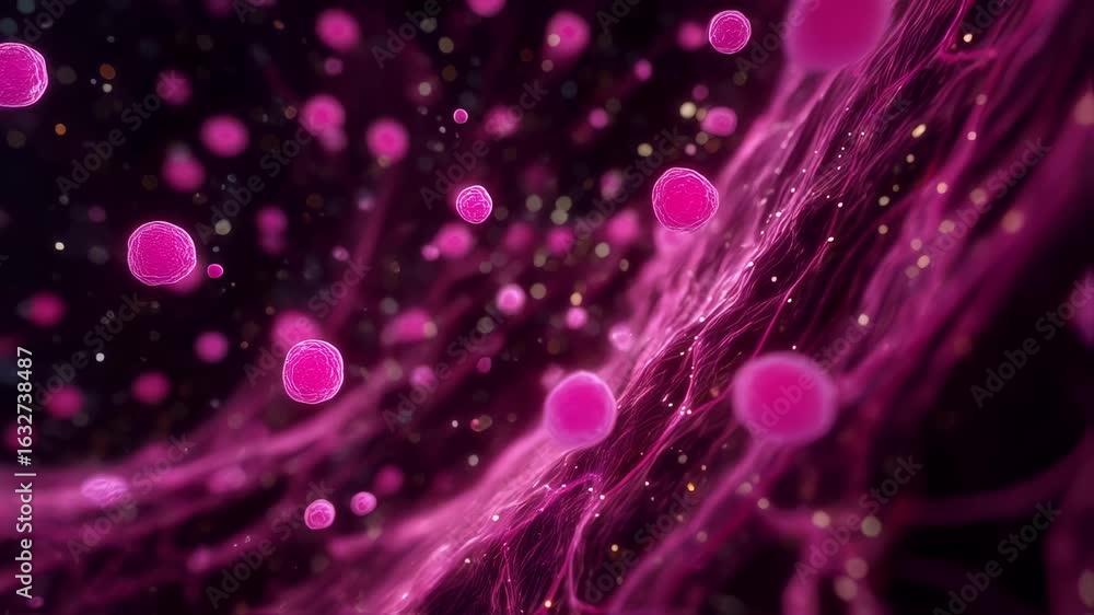 Aufkleber animated sequence depicting brightpink eosinophil aggregates circulating in bloodstream targeting va
