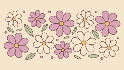Delicate floral pattern in pastel colors with daisies and leaves on beige background