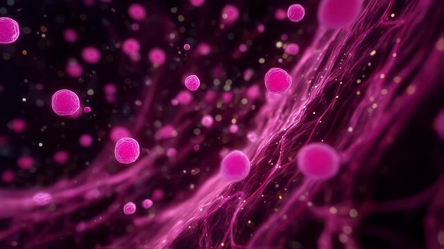 Animated sequence depicting brightpink eosinophil aggregates circulating in bloodstream targeting vascular walls in skin and lung capillaries.