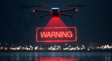 Drone With Warning Message Hovering In A Rainy Futuristic Cityscape At Night