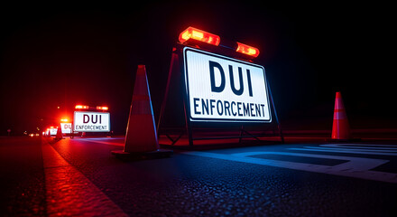 Drunk Driving Enforcement With Reflective Signage And Emergency Lights At Night