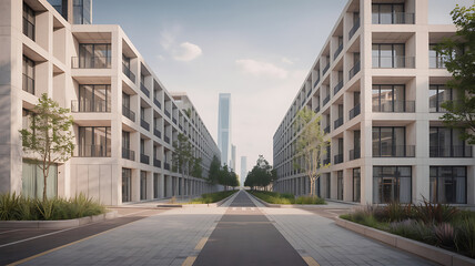 Fototapeta premium Modern urban street lined with light gray buildings. 