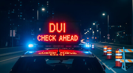 Dui Check Ahead Warning On Roadside With Reflective Cones And Emergency Lights