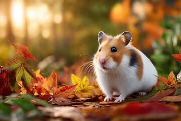 Charming hamster explores a vibrant autumn landscape filled with colorful leaves and a soft golden glow