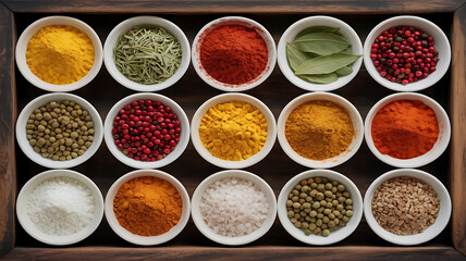 Variety of spices in small white bowls.
