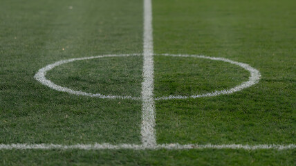 A soccer field's center circle, marked by white lines on the green grass.
