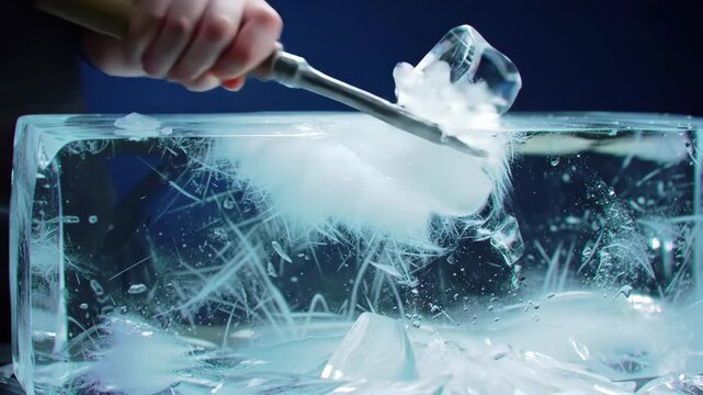 Ice Sculpting with Chisel, Close-Up of Block