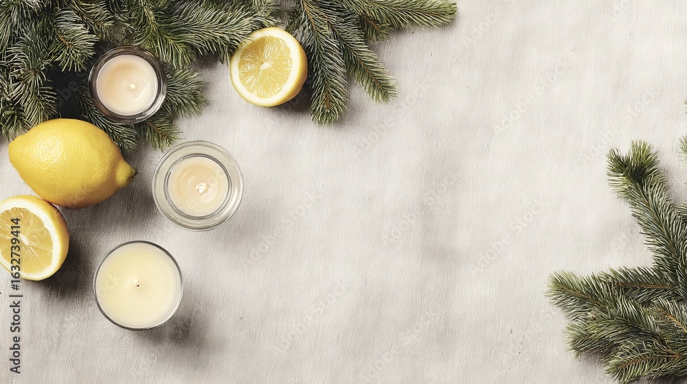 Poster fresh lemons and scented candles arranged with evergreen branches on a light textured surface, creat