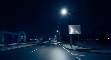 Empty Illuminated Road At Night With Street Lamp And Blank Signboard