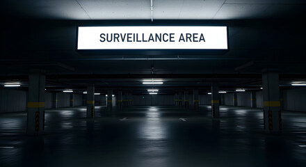 Empty Parking Garage With Surveillance Area Sign Offers a Spooky Atmosphere