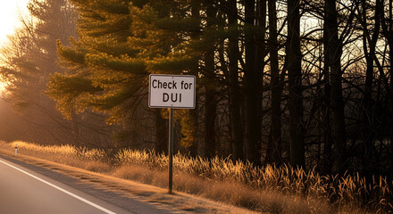 Dui Checkpoint Sign On Rural Road At Dusk Against Dark Forest Background
