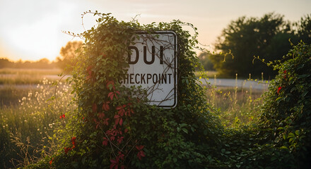 Dui Checkpoint Sign Submerged In Greenery At Golden Hour On Rural Road